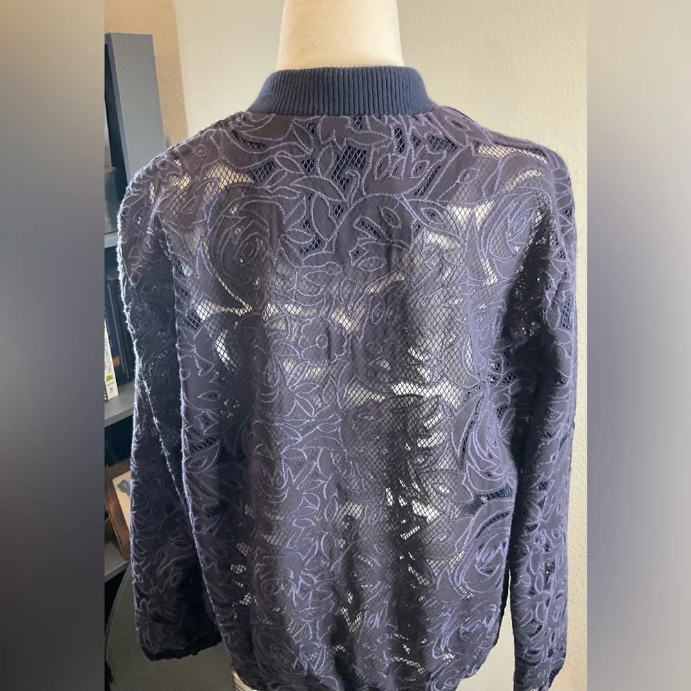 Anthropologie Elevenses Navy Blue Lace Bomber Jacket - Picture 13 of 16